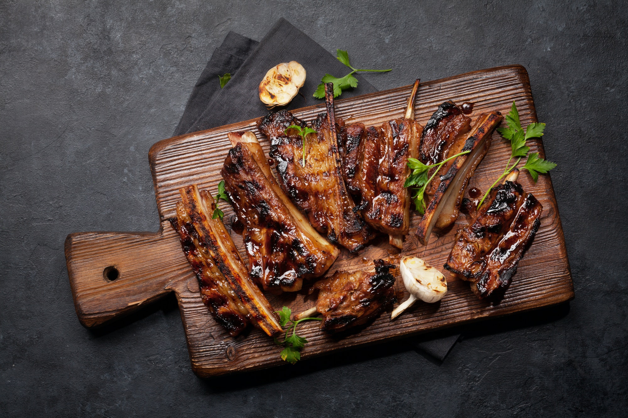 Barbecue beef ribs with bbq sauce sliced
